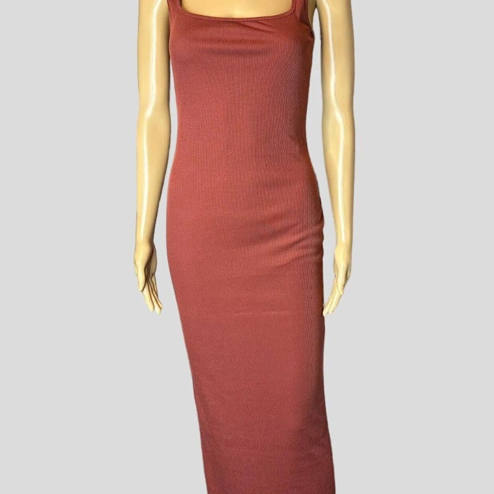 Womens Ribbed Slip Midi Dress Large L Brown Wide Straps Sleeveless Stretch - Picture 2 of 11